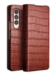 QIALINO for Samsung Galaxy Z Fold3 Case Crocodile Texture Genuine Cowhide Leather Flip Phone Cover Brown Samsung Galaxy Z Fold3 by The Case Factory