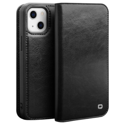 QIALINO For iPhone 14 Plus Case Genuine Leather Flip Stand Wallet Drop-proof Phone Cover Black iPhone 14 Plus by The Case Factory