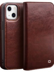 QIALINO For iPhone 14 Plus Case Genuine Leather Flip Stand Wallet Drop-proof Phone Cover Brown iPhone 14 Plus by The Case Factory