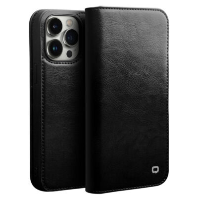 QIALINO For iPhone 14 Pro Case Card Holder Genuine Cow Leather Stand Phone Cover Black iPhone 14 Pro by The Case Factory