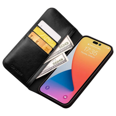 QIALINO For iPhone 14 Pro Case Card Holder Genuine Cow Leather Stand Phone Cover by The Case Factory
