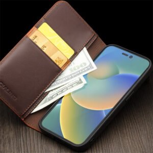 QIALINO For iPhone 14 Plus Case Classic Genuine Leather Wallet Business Phone Cover by The Case Factory