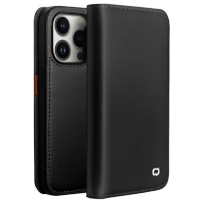 QIALINO For iPhone 14 Pro Max Case Classic Genuine Cow Leather Flip Stand Wallet Phone Cover Black iPhone 14 Pro Max by The Case Factory