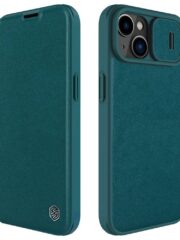 NILLKIN Qin Pro Series for iPhone 14 Plus Case Cloth Texture Sliding Lens Protection PU Leather Phone Holder with Card Holder Green iPhone 14 Plus by The Case Factory