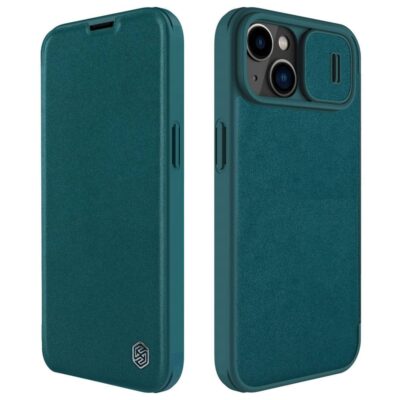 NILLKIN Qin Pro Series for iPhone 14 Plus Case Cloth Texture Sliding Lens Protection PU Leather Phone Holder with Card Holder Green iPhone 14 Plus by The Case Factory