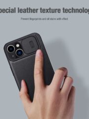 NILLKIN Qin Pro Series for iPhone 14 Plus Case Cloth Texture Sliding Lens Protection PU Leather Phone Holder with Card Holder by The Case Factory