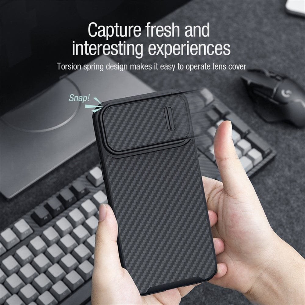 NILLKIN Carbon Fiber Case for iPhone 14 / iPhone 13 Shockproof Phone Cover with Slide Camera Protection by The Case Factory