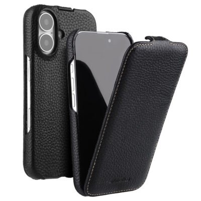 MELKCO For iPhone 16 Flip Case Genuine Cow Leather Vertical Phone Cover | Compatible with MagSafe Black iPhone 16 by The Case Factory
