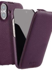 MELKCO For iPhone 16 Flip Case Genuine Cow Leather Vertical Phone Cover | Compatible with MagSafe Purple iPhone 16 by The Case Factory