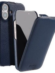 MELKCO For iPhone 16 Plus Flip Case Genuine Cow Leather Vertical Phone Cover | Compatible with MagSafe Blue iPhone 16 Plus by The Case Factory