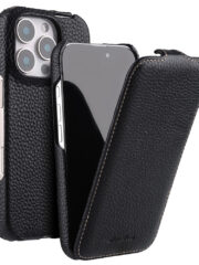 MELKCO For iPhone 16 Pro Flip Case Genuine Cow Leather Vertical Phone Cover | Compatible with MagSafe Black iPhone 16 Pro by The Case Factory