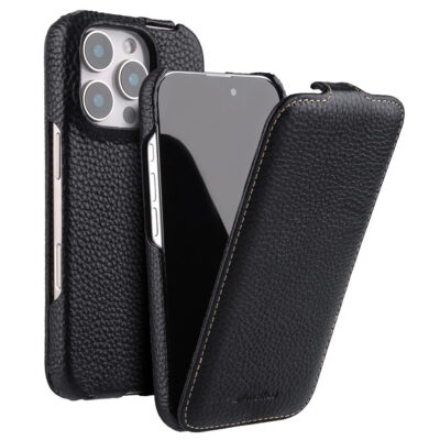 MELKCO For iPhone 16 Pro Flip Case Genuine Cow Leather Vertical Phone Cover | Compatible with MagSafe Black iPhone 16 Pro by The Case Factory