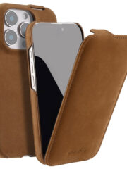 MELKCO For iPhone 16 Pro Flip Case Genuine Cow Leather Vertical Phone Cover | Compatible with MagSafe Brown iPhone 16 Pro by The Case Factory