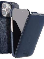 MELKCO For iPhone 16 Pro Flip Case Genuine Cow Leather Vertical Phone Cover | Compatible with MagSafe Blue iPhone 16 Pro by The Case Factory