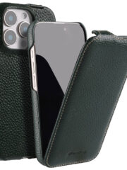 MELKCO For iPhone 16 Pro Flip Case Genuine Cow Leather Vertical Phone Cover | Compatible with MagSafe Green iPhone 16 Pro by The Case Factory