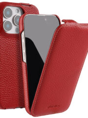 MELKCO For iPhone 16 Pro Flip Case Genuine Cow Leather Vertical Phone Cover | Compatible with MagSafe Red iPhone 16 Pro by The Case Factory