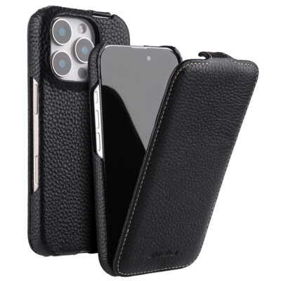 MELKCO For iPhone 16 Pro Max Flip Case Genuine Cow Leather Vertical Phone Cover | Compatible with MagSafe Black iPhone 16 Pro Max by The Case Factory