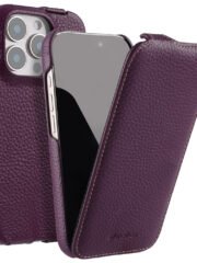MELKCO For iPhone 16 Pro Max Flip Case Genuine Cow Leather Vertical Phone Cover | Compatible with MagSafe Purple iPhone 16 Pro Max by The Case Factory