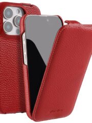 MELKCO For iPhone 16 Pro Max Flip Case Genuine Cow Leather Vertical Phone Cover | Compatible with MagSafe Red iPhone 16 Pro Max by The Case Factory