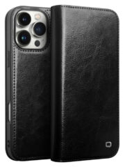 QIALINO For iPhone 16 Pro Max Case Card Holder Genuine Cow Leather Stand Phone Cover Black iPhone 16 Pro Max by The Case Factory