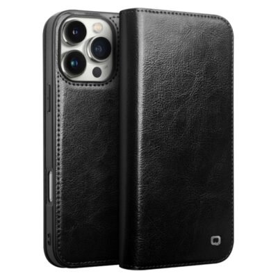 QIALINO For iPhone 16 Pro Max Case Card Holder Genuine Cow Leather Stand Phone Cover Black iPhone 16 Pro Max by The Case Factory
