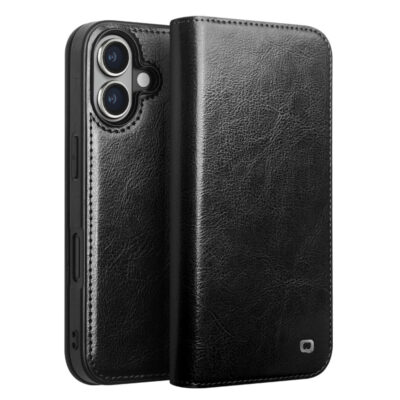 QIALINO For iPhone 16 Plus Case Card Holder Genuine Cow Leather Stand Phone Cover Black iPhone 16 Plus by The Case Factory