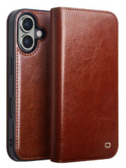 QIALINO For iPhone 16 Plus Case Card Holder Genuine Cow Leather Stand Phone Cover Brown iPhone 16 Plus by The Case Factory