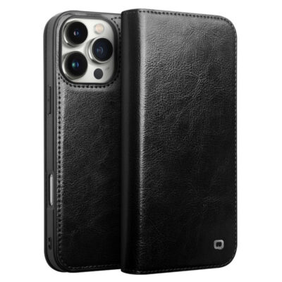 QIALINO For iPhone 16 Pro Case Genuine Cow Leather Phone Cover with Card Holder Black iPhone 16 Pro by The Case Factory
