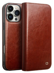 QIALINO For iPhone 16 Pro Case Genuine Cow Leather Phone Cover with Card Holder Brown iPhone 16 Pro by The Case Factory