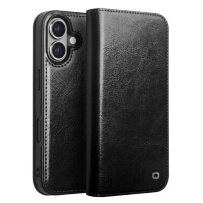 QIALINO For iPhone 16 Case Genuine Cow Leather Card Holder Stand Flip Phone Cover Black iPhone 16 by The Case Factory