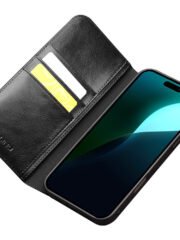 QIALINO For iPhone 16 Case Genuine Cow Leather Card Holder Stand Flip Phone Cover by The Case Factory