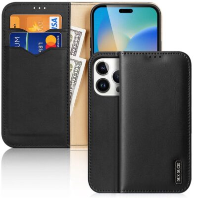 DUX DUCIS Hivo Series Phone Case for iPhone 14 Pro Full Protection Genuine Leather Folio Flip Wallet Cover Stand RFID Blocking Shell Black iPhone 14 Pro by The Case Factory