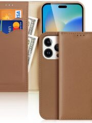 DUX DUCIS Hivo Series Phone Case for iPhone 14 Pro Full Protection Genuine Leather Folio Flip Wallet Cover Stand RFID Blocking Shell Brown iPhone 14 Pro by The Case Factory
