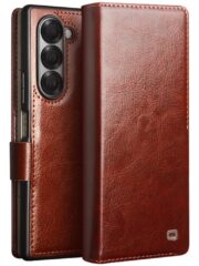QIALINO For Samsung Galaxy Z Fold6 Wallet Case Waxy Genuine Leather Magnetic Closure Flip Phone Cover Brown Samsung Galaxy Z Fold6 by The Case Factory