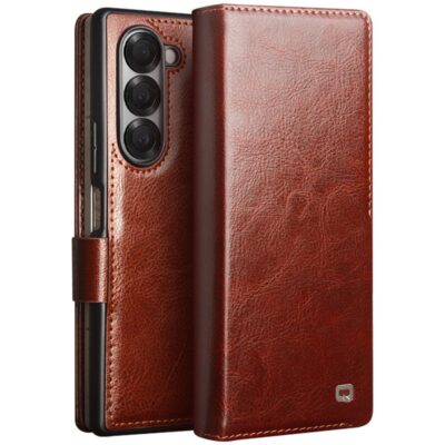 QIALINO For Samsung Galaxy Z Fold6 Wallet Case Waxy Genuine Leather Magnetic Closure Flip Phone Cover Brown Samsung Galaxy Z Fold6 by The Case Factory