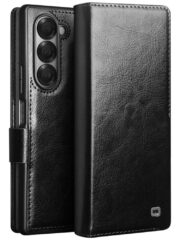 QIALINO For Samsung Galaxy Z Fold6 Wallet Case Waxy Genuine Leather Magnetic Closure Flip Phone Cover Black Samsung Galaxy Z Fold6 by The Case Factory