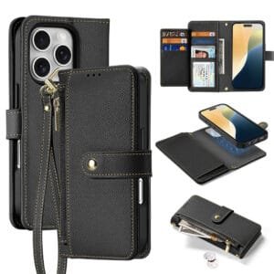 DUX DUCIS Lawa Series for iPhone 16 Pro Max Case Detachable Zipper Wallet Cowhide Leather Cover | Compatible with MagSafe Black iPhone 16 Pro Max by The Case Factory