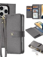 DUX DUCIS Lawa Series for iPhone 16 Pro Magnetic Case Detachable Zipper Wallet Cowhide Leather Cover Grey iPhone 16 Pro by The Case Factory