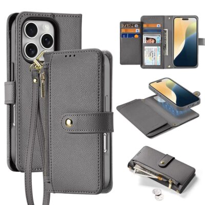 DUX DUCIS Lawa Series for iPhone 16 Pro Magnetic Case Detachable Zipper Wallet Cowhide Leather Cover Grey iPhone 16 Pro by The Case Factory