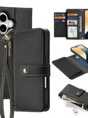 DUX DUCIS Lawa Series for iPhone 16 Plus Case Detachable Zipper Wallet Cowhide Leather Cover | Compatible with MagSafe Black iPhone 16 Plus by The Case Factory