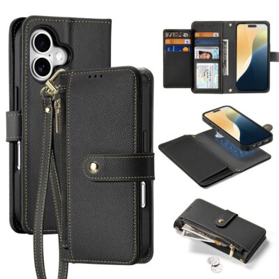 DUX DUCIS Lawa Series for iPhone 16 Plus Case Detachable Zipper Wallet Cowhide Leather Cover | Compatible with MagSafe Black iPhone 16 Plus by The Case Factory
