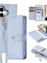 DUX DUCIS Lawa Series for iPhone 16 Plus Case Detachable Zipper Wallet Cowhide Leather Cover | Compatible with MagSafe Baby Blue iPhone 16 Plus by The Case Factory