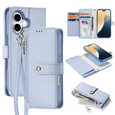 DUX DUCIS Lawa Series for iPhone 16 Magnetic Case Detachable Zipper Wallet Cowhide Leather Cover Baby Blue iPhone 16 by The Case Factory