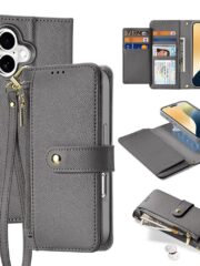DUX DUCIS Lawa Series for iPhone 16 Magnetic Case Detachable Zipper Wallet Cowhide Leather Cover Grey iPhone 16 by The Case Factory
