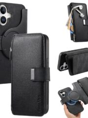 CASENEO For iPhone 16 Case Magnetic Detachable Zipper Wallet Leather Flip Phone Cover Black iPhone 16 by The Case Factory