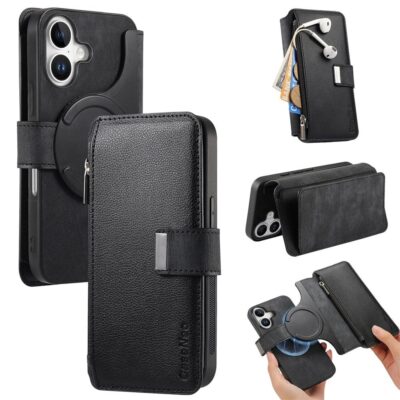 CASENEO For iPhone 16 Case Magnetic Detachable Zipper Wallet Leather Flip Phone Cover Black iPhone 16 by The Case Factory