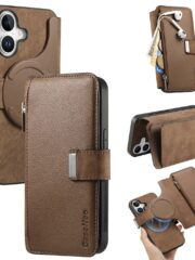 CASENEO For iPhone 16 Case Magnetic Detachable Zipper Wallet Leather Flip Phone Cover Brown iPhone 16 by The Case Factory