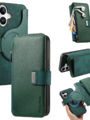 CASENEO For iPhone 16 Case Magnetic Detachable Zipper Wallet Leather Flip Phone Cover Green iPhone 16 by The Case Factory
