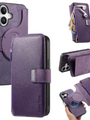 CASENEO For iPhone 16 Case Magnetic Detachable Zipper Wallet Leather Flip Phone Cover Purple iPhone 16 by The Case Factory