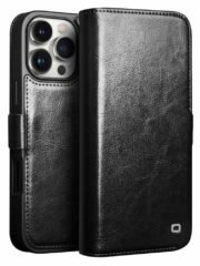 QIALINO For iPhone 16 Pro Case Genuine Cow Leather Wallet Magnetic Closure Phone Cover Black iPhone 16 Pro by The Case Factory
